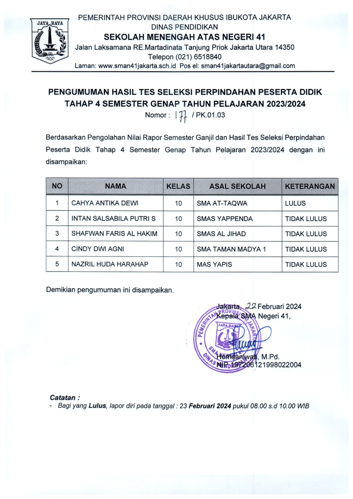 PENGUMUMAN HASIL TES SELEKSI PERPINDAHAN PESERTA DIDIK TAHAP 4 SEMESTER GENAP TAHUN AJARAN 2023-2024